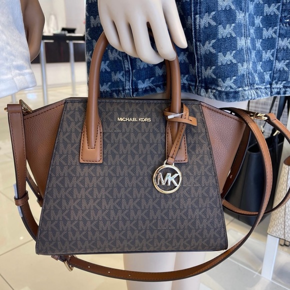 Michael Kors Avril Small Leather Logo Satchel Crossbody Brown Top Zip Bag NWT - Picture 2 of 16